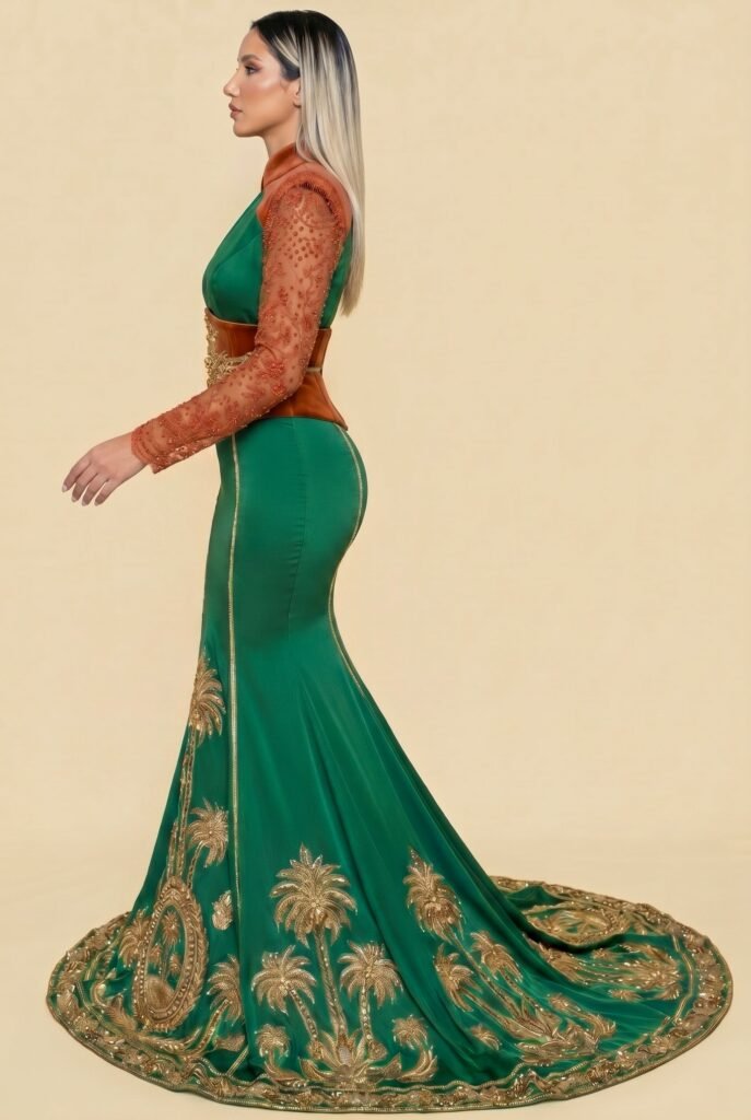 Broderie d'or à la main sur la traîne d'un caftan émeraude — sfifa et aakad