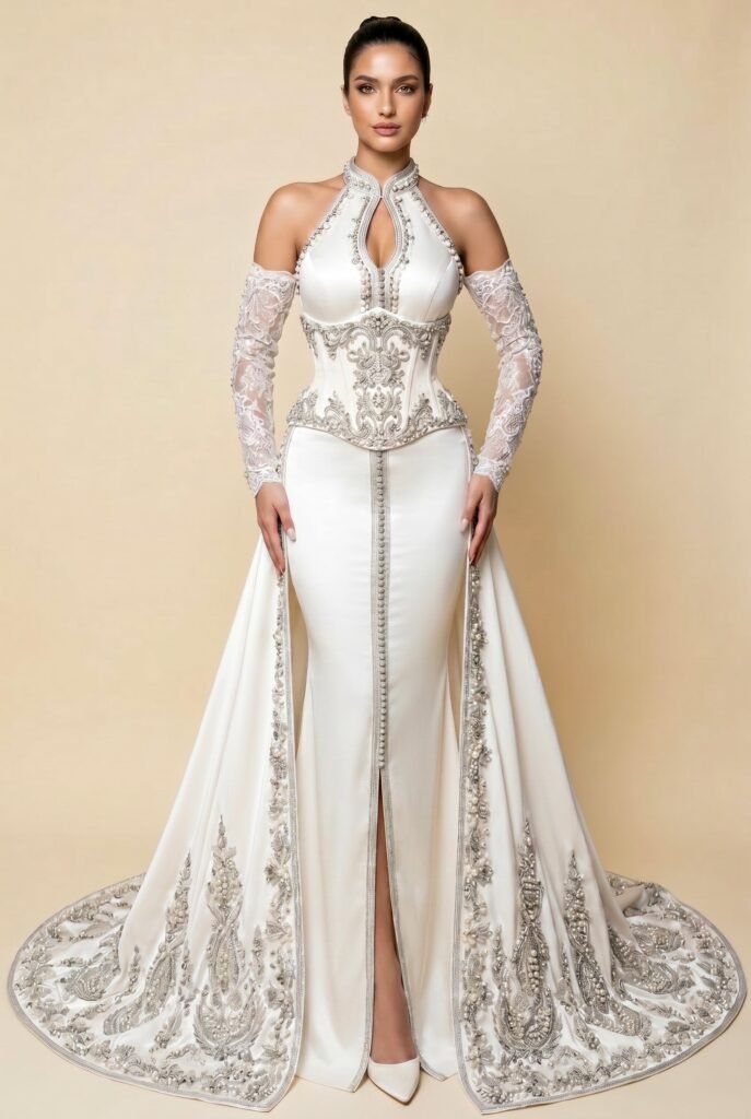 Broderie d'or à la main sur la traîne d'un caftan émeraude — sfifa et aakad