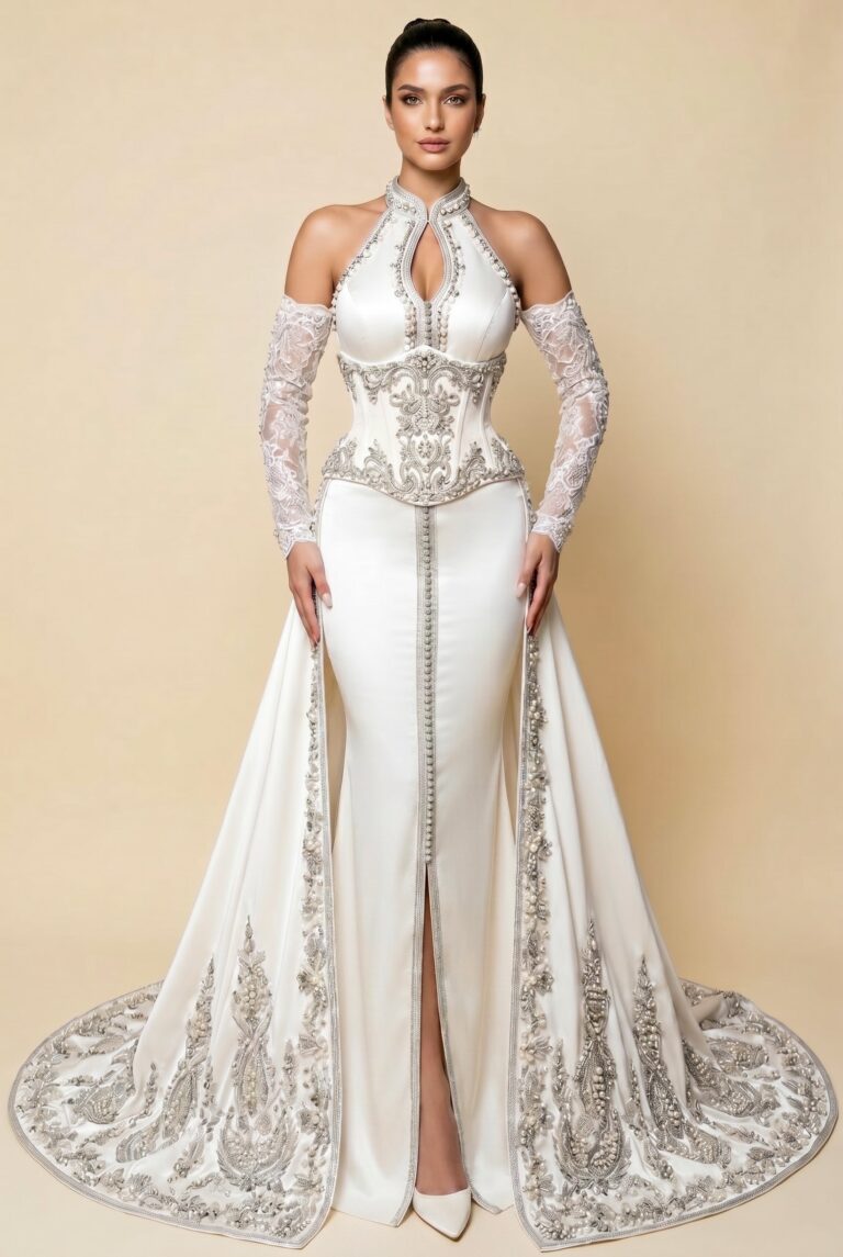 Caftan bustier coupe sirène blanc cassé, broderies argent
