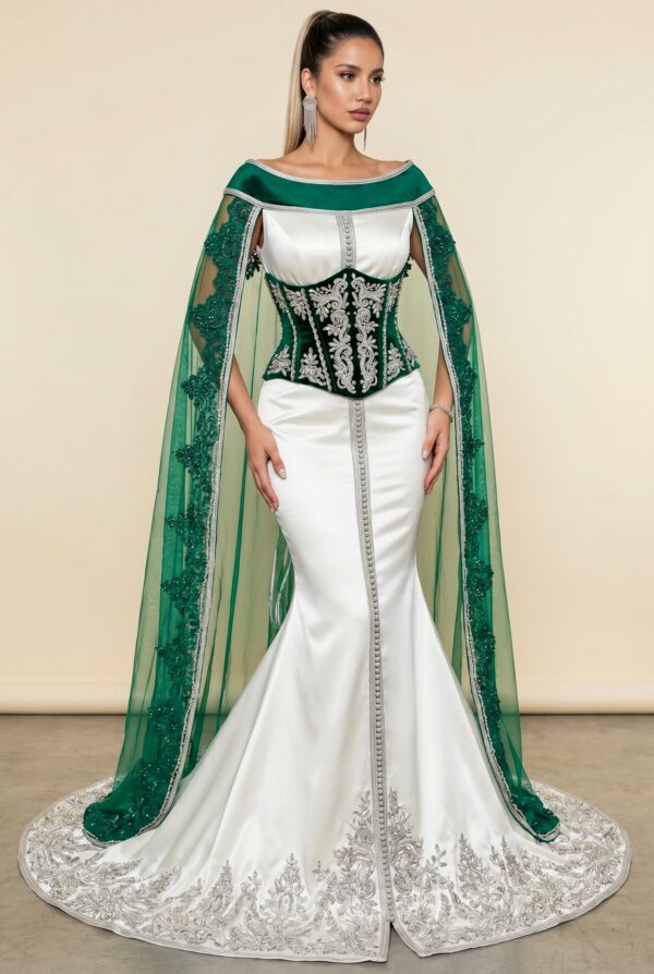Takchita bustier coupe sirène blanc cassé et cape de dentelle verte