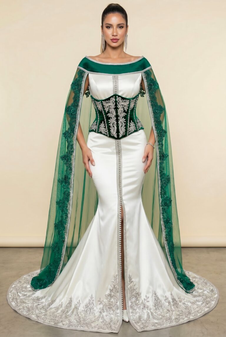 Takchita bustier coupe sirène blanc cassé et cape de dentelle verte