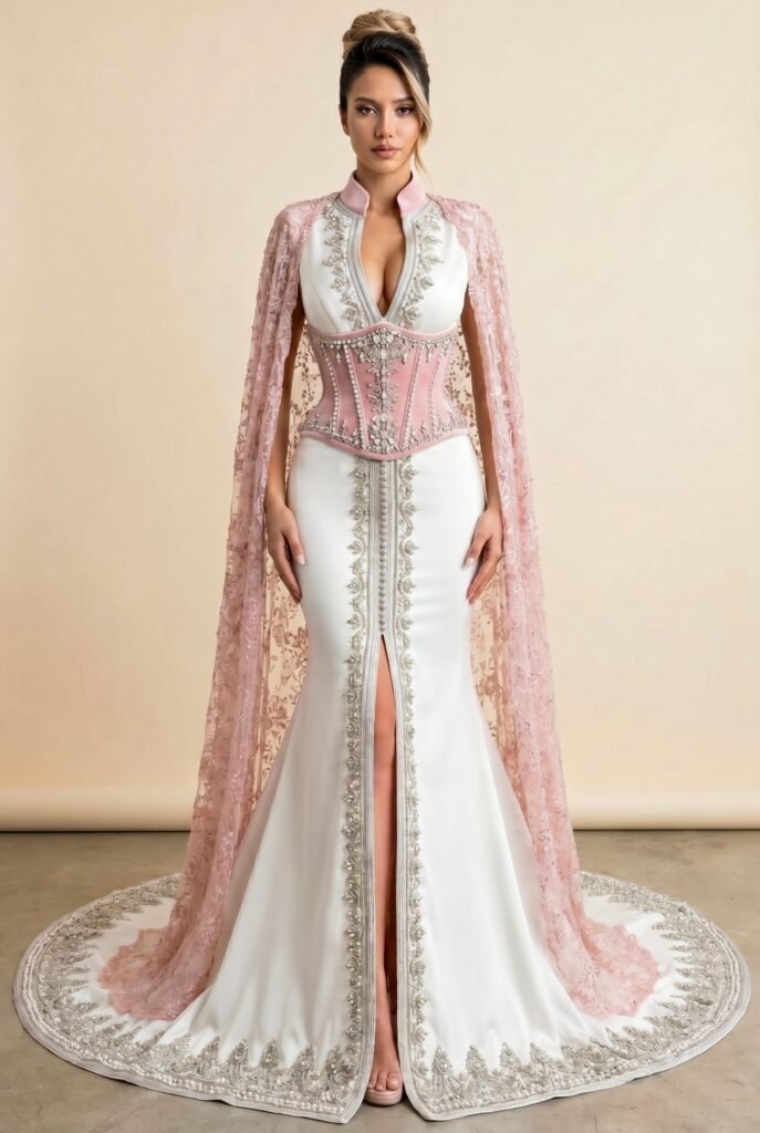 Broderie d'or à la main sur la traîne d'un caftan émeraude — sfifa et aakad