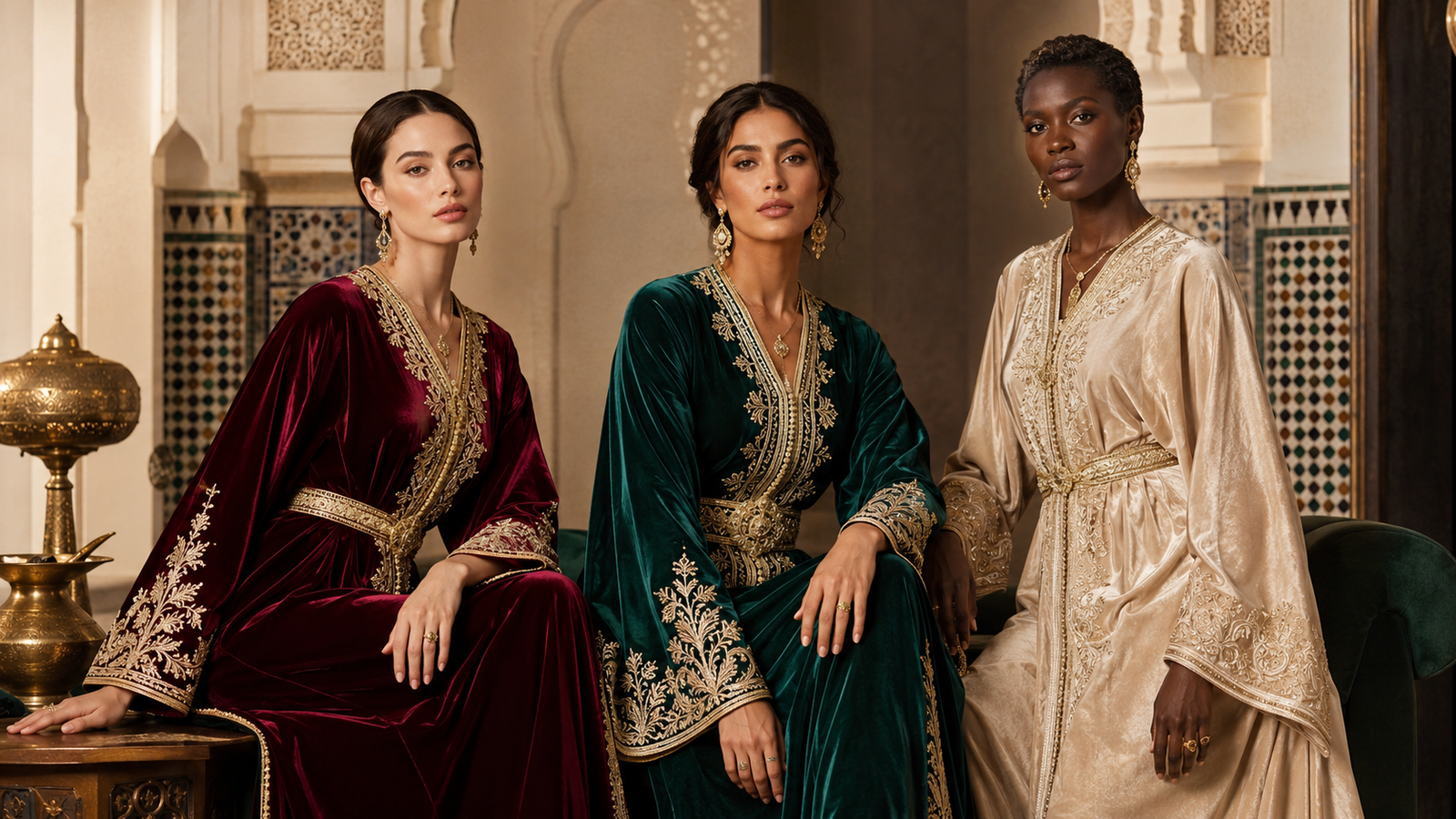 Trois femmes marocaines aux teints différents portant des caftans haute couture bordeaux, vert et champagne
