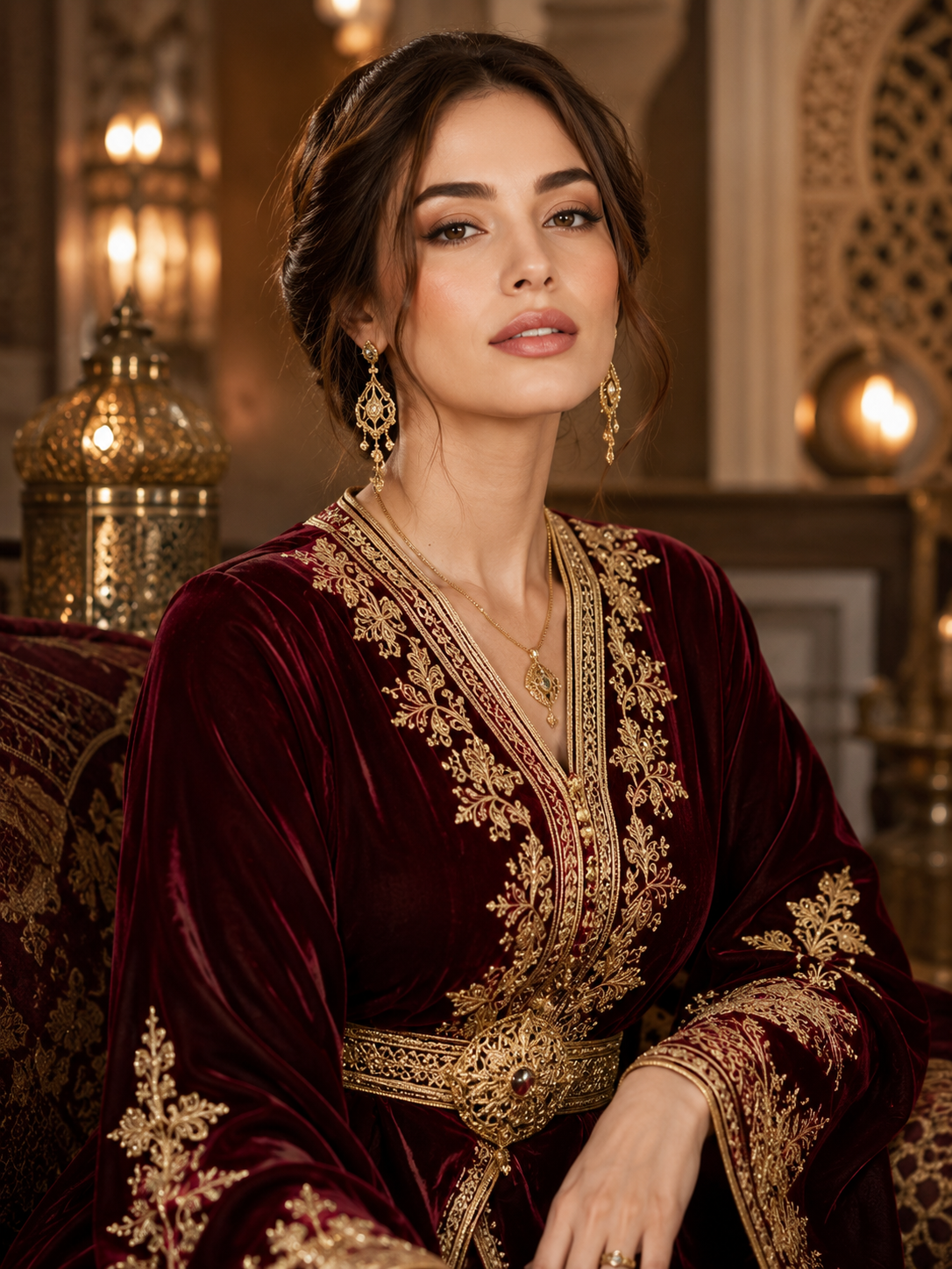 Femme à la peau claire portant un caftan marocain en velours bordeaux brodé d'or