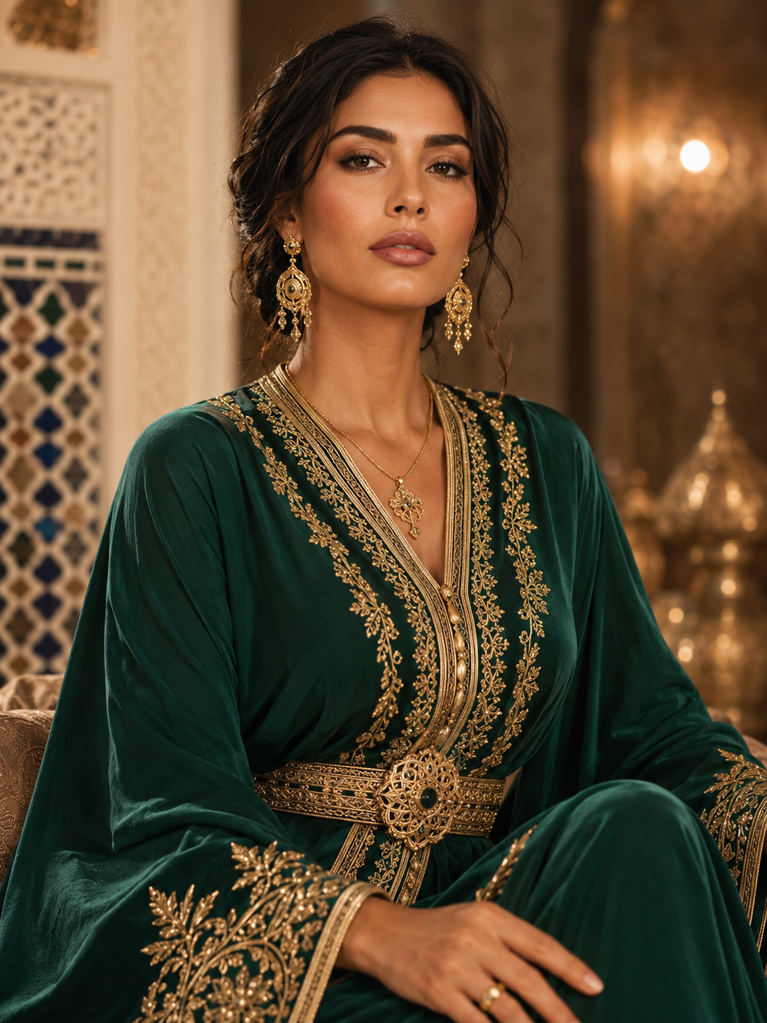 Femme à la peau mate portant un luxueux caftan vert émeraude avec des bijoux traditionnels
