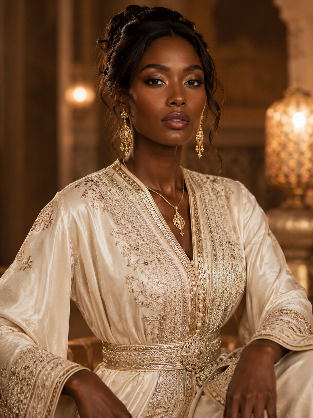Superbe femme à la peau foncée portant un caftan ivoire et or très lumineux