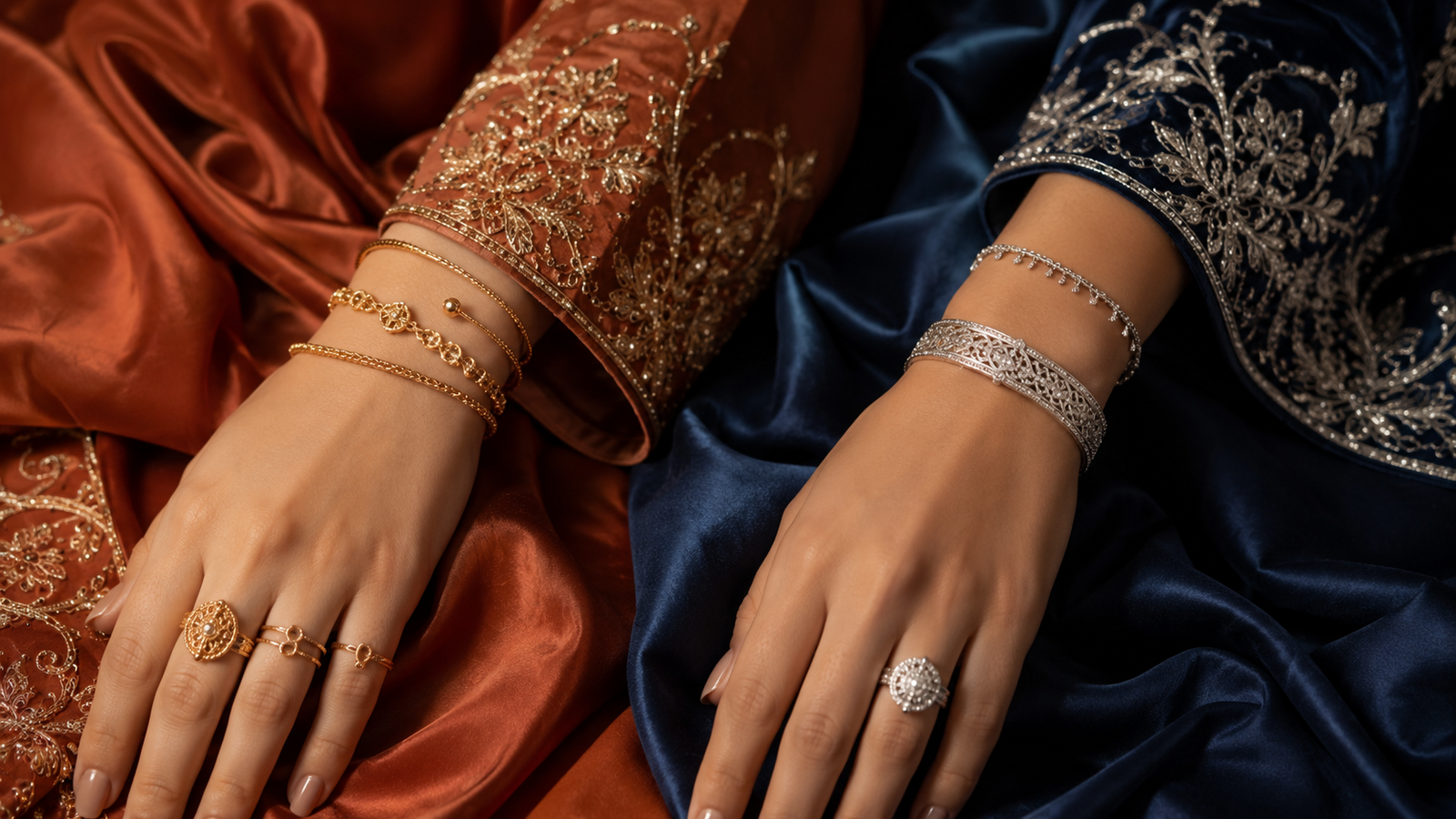 Comparaison des bijoux en or sur tissu chaud et argent sur tissu froid pour illustrer la colorimétrie