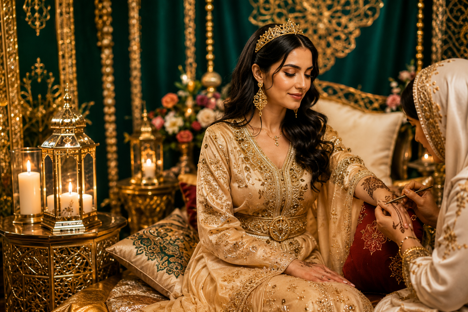 Mariée marocaine en caftan doré lors de sa cérémonie du henné