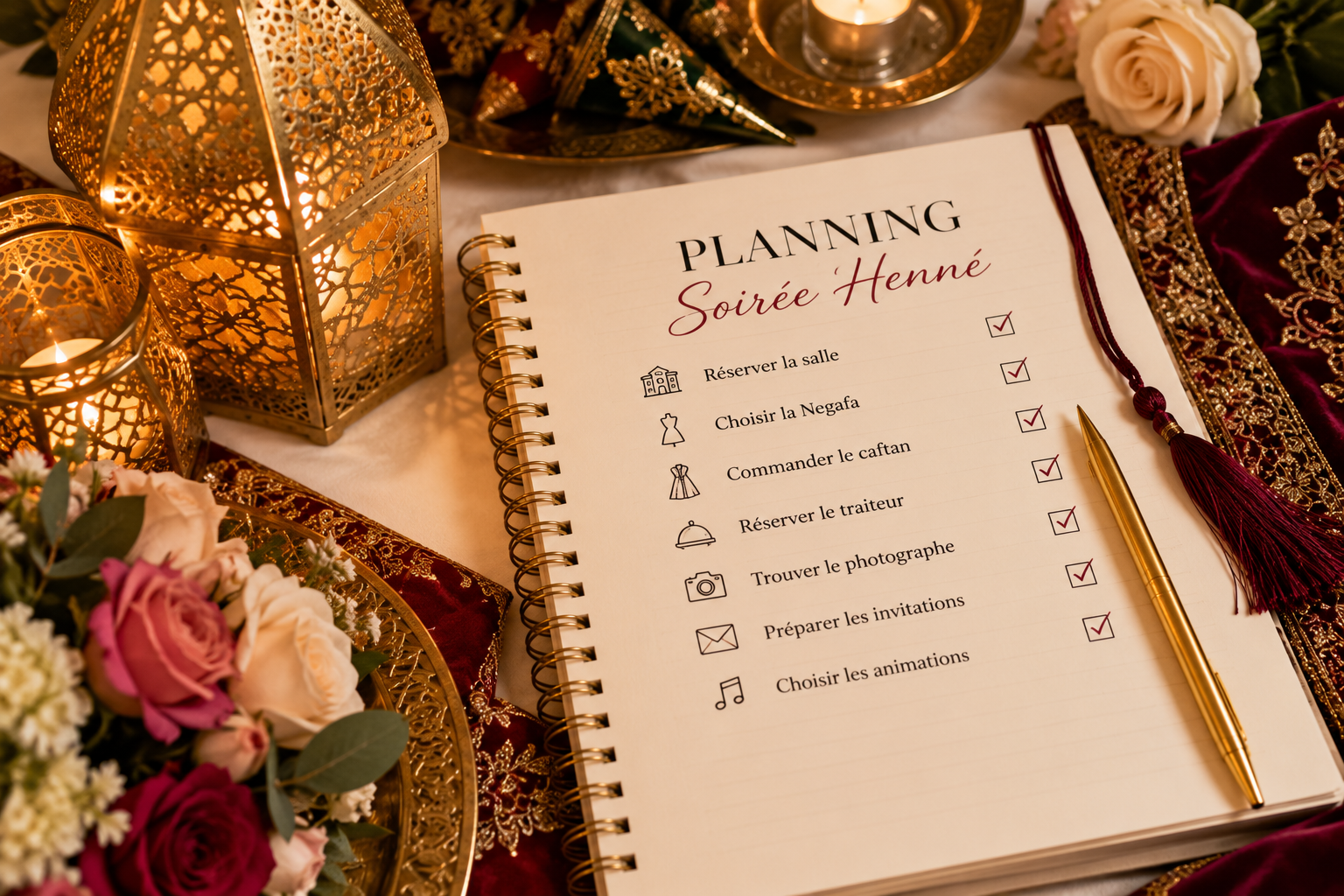 Carnet de planning pour l'organisation de la soirée henné
