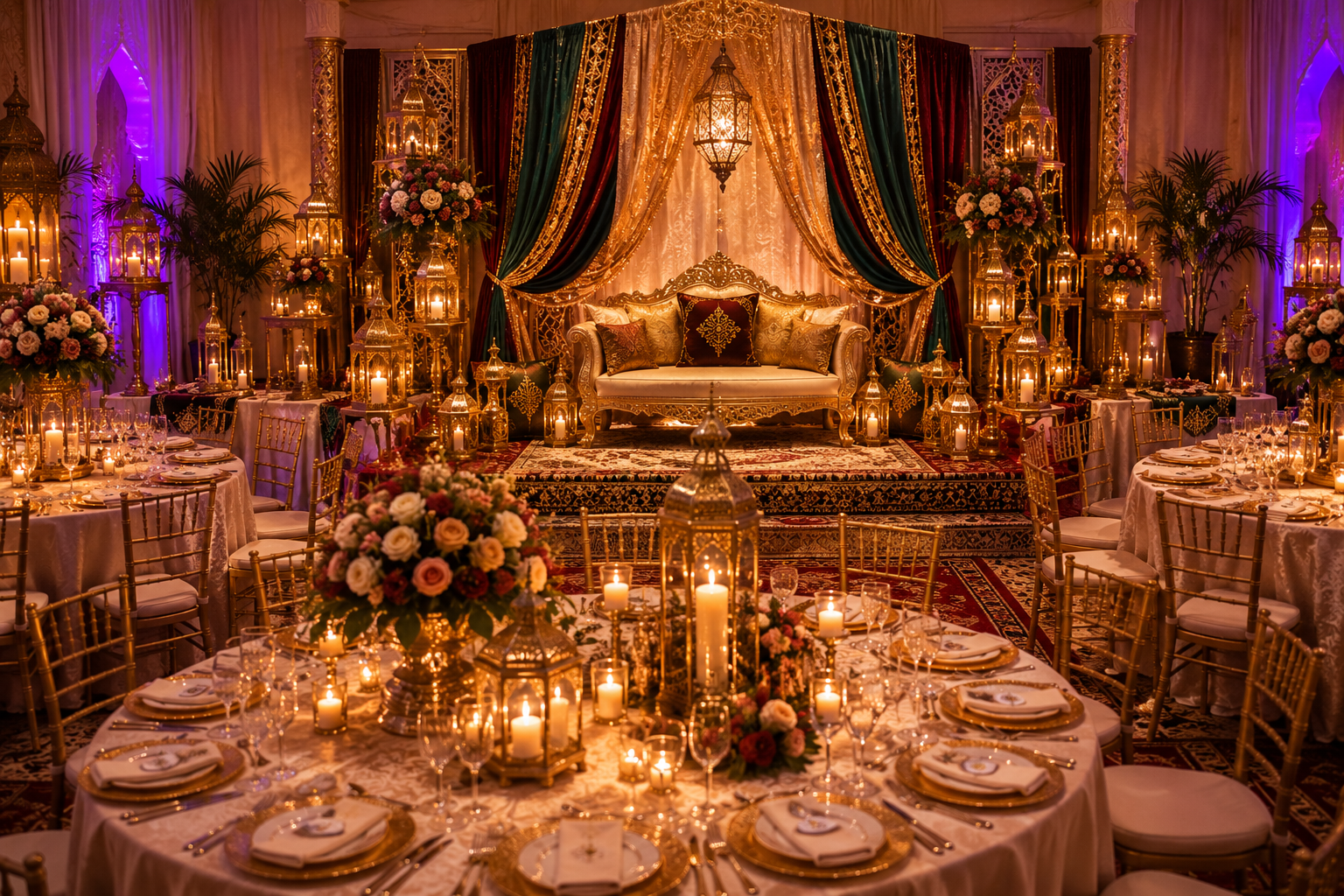 Décoration luxueuse de salle de réception pour un mariage marocain