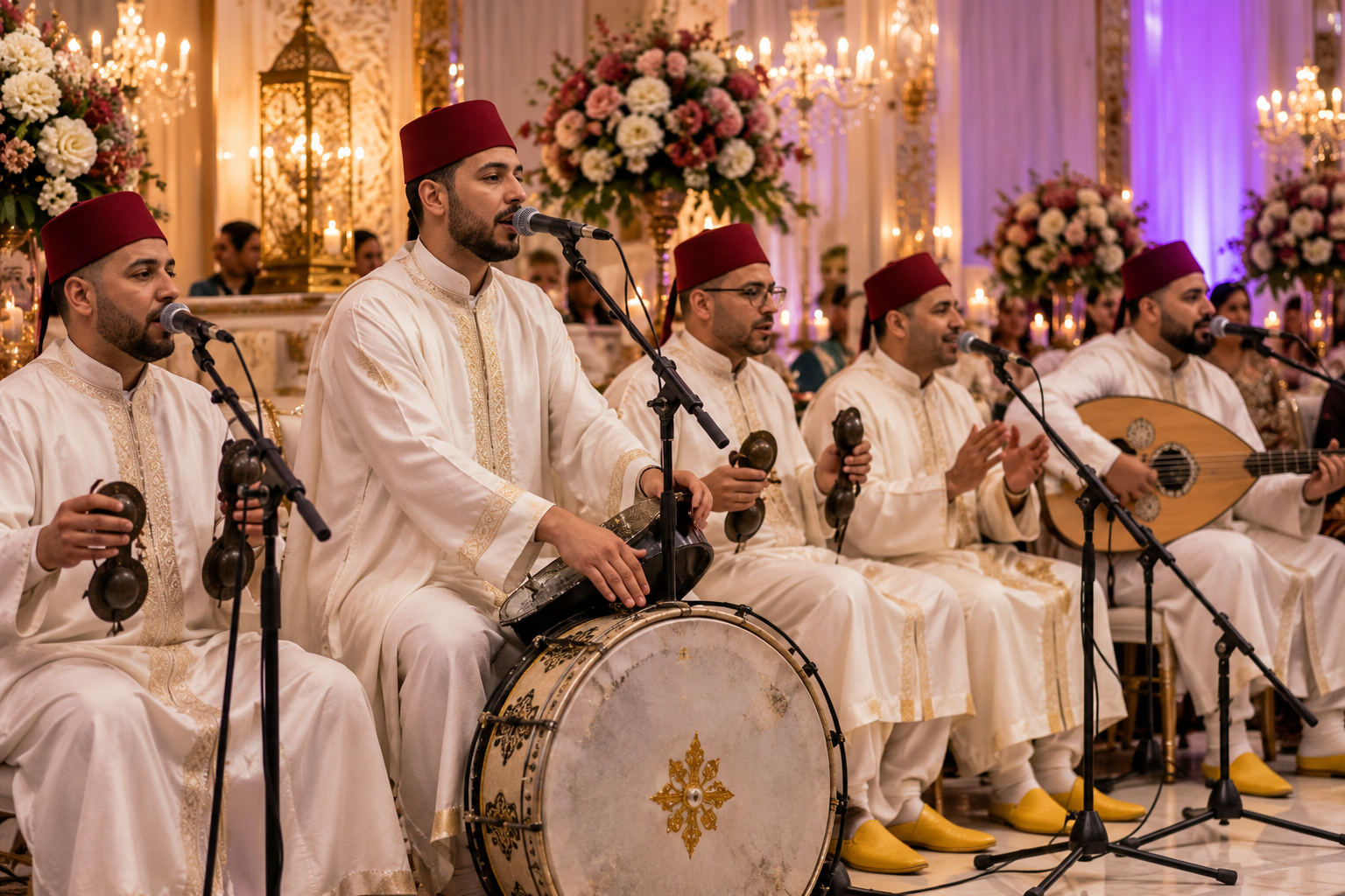 Orchestre marocain traditionnel animant une réception de mariage