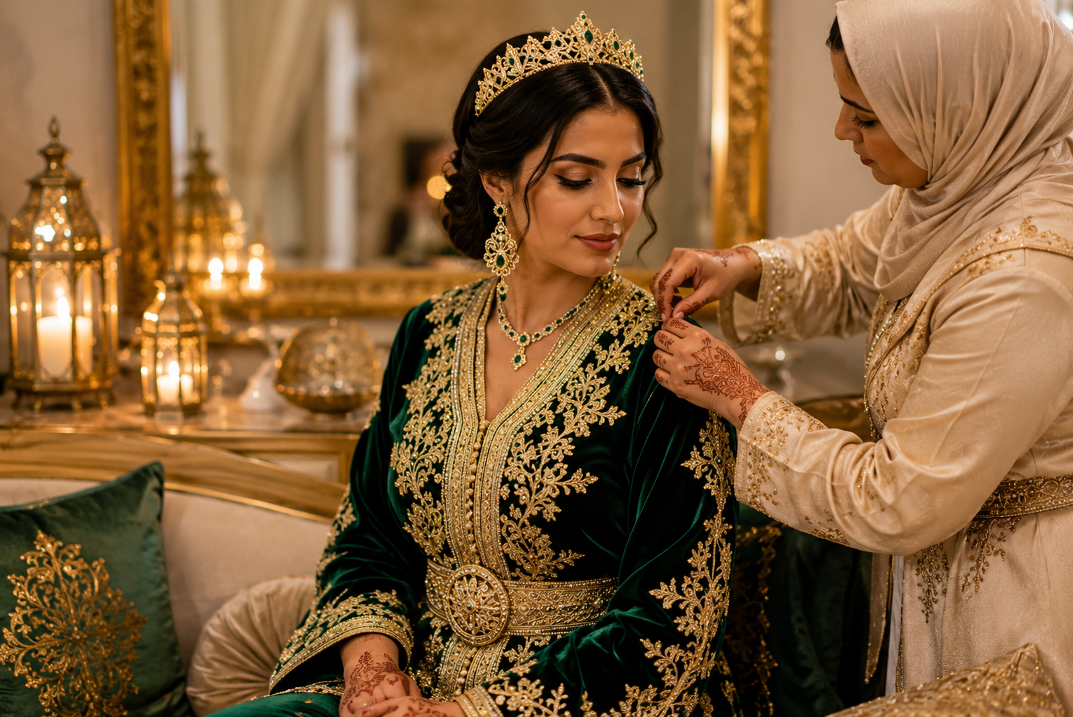 Mariée habillée par sa negafa avec un caftan en velours vert émeraude et or