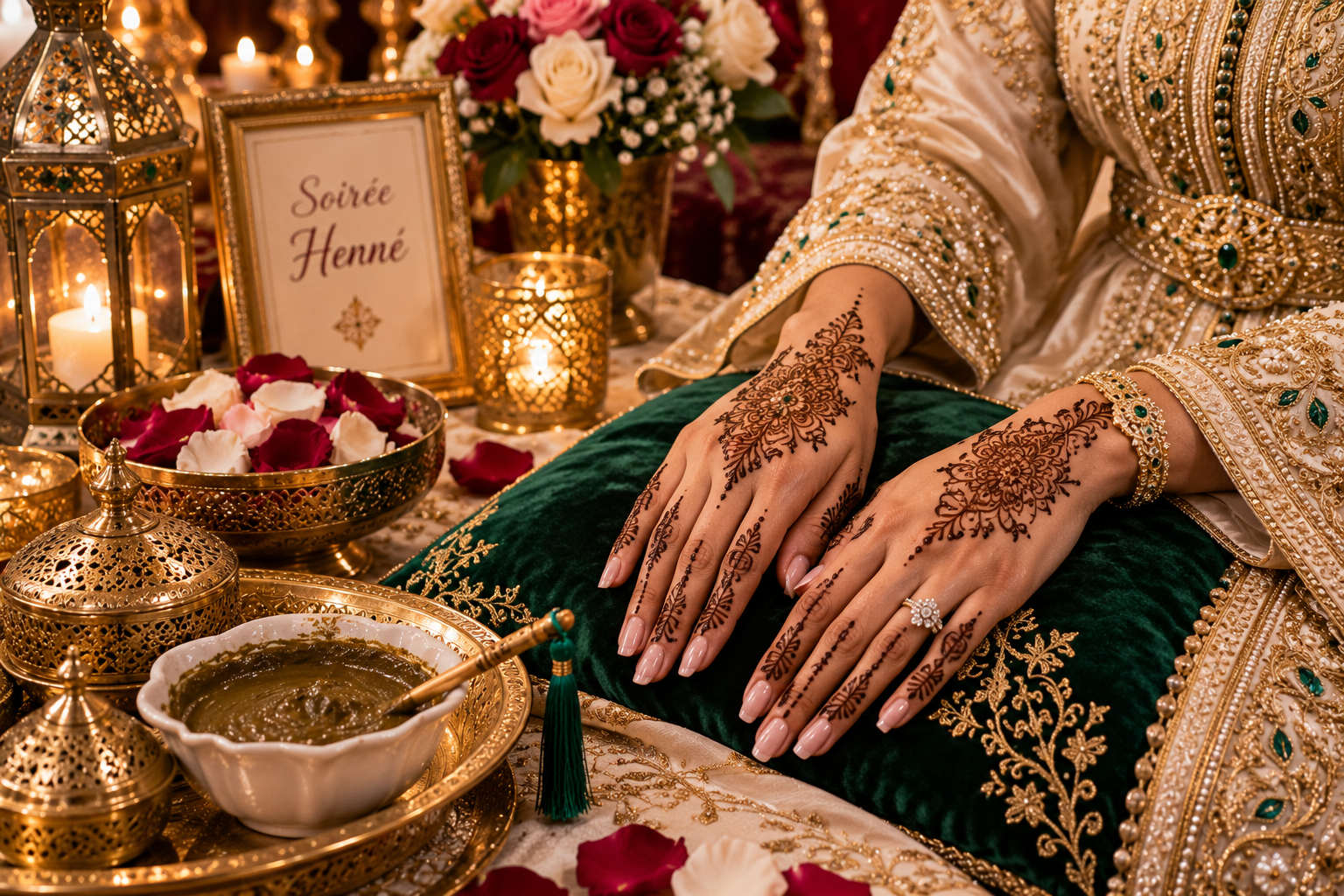 Mains de la mariée décorées de henné avec la pâte traditionnelle à côté
