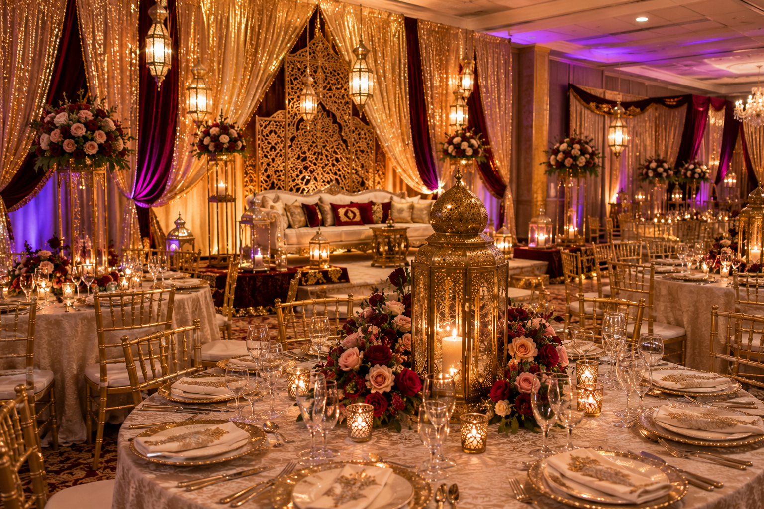 Décoration de table élégante avec des lanternes orientales et bougies