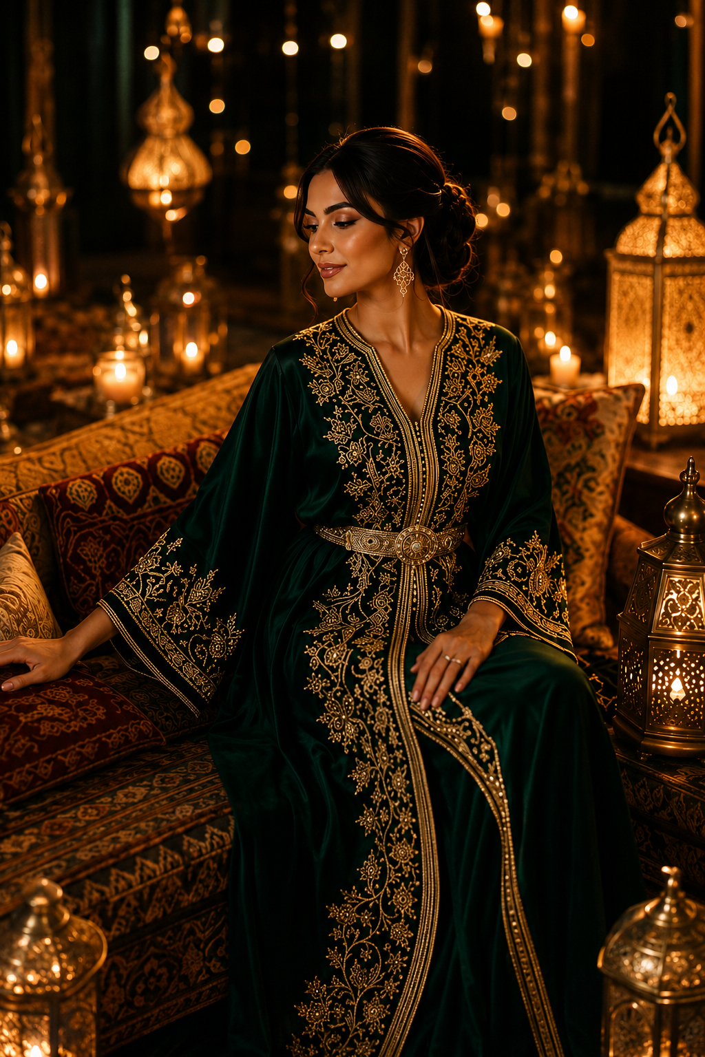 Mariée marocaine élégante assise sur un canapé oriental au milieu des lanternes pour sa cérémonie du henné