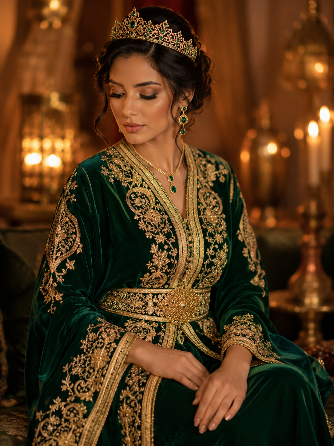 Portrait d'une future mariée marocaine portant un luxueux caftan en velours vert émeraude brodé d'or