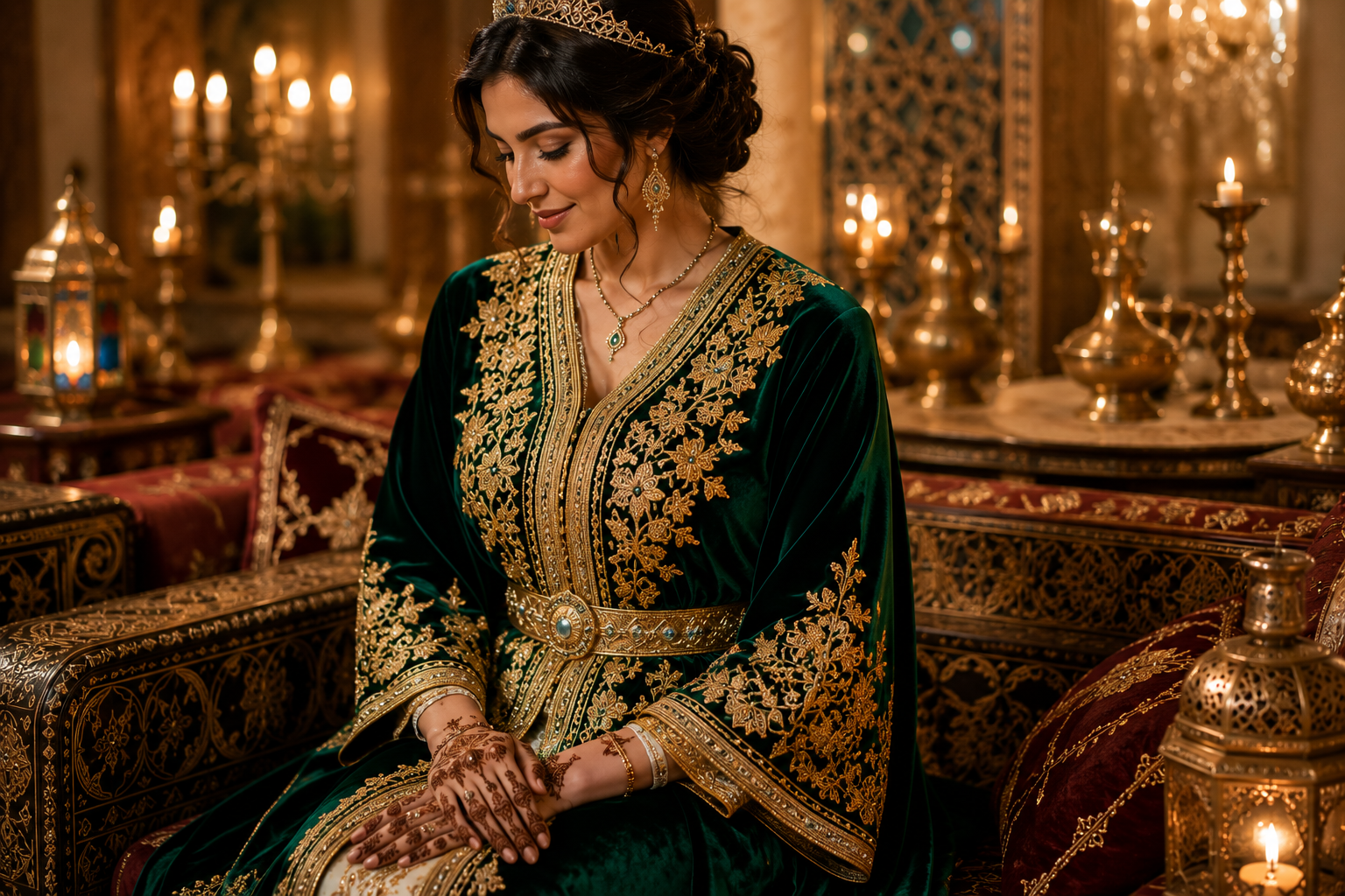 Détail des broderies au fil d'or, sfifa et akaad sur un caftan en velours vert émeraude porté par une mariée marocaine