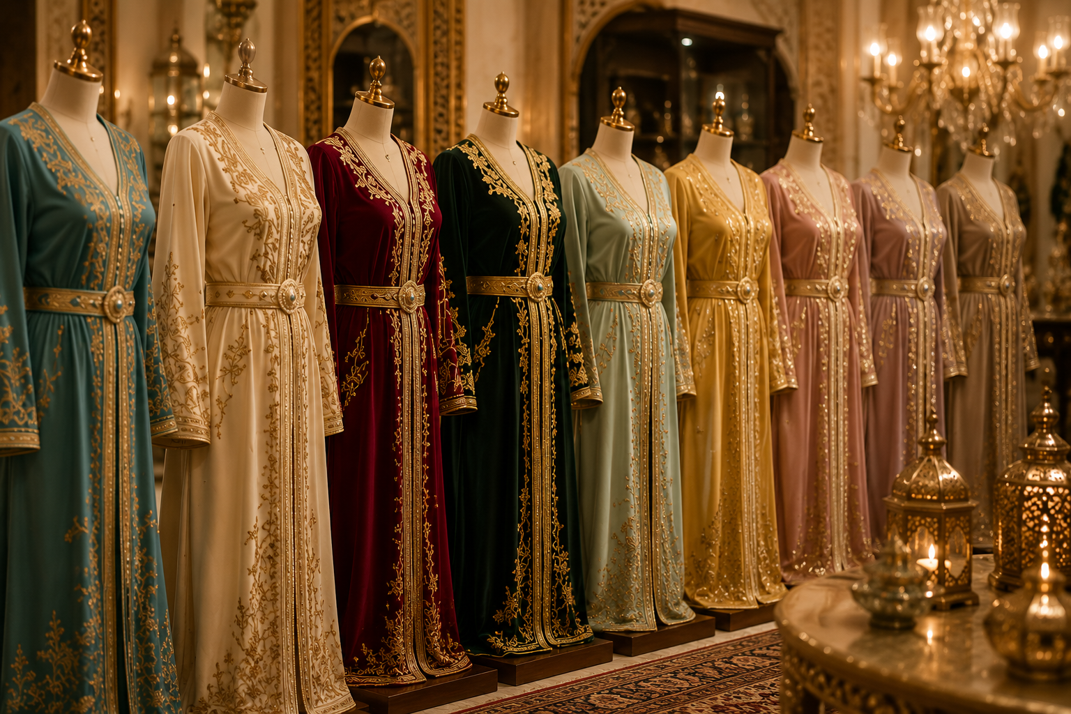 Plusieurs caftans marocains haute couture alignés sur des mannequins dans différentes couleurs : vert, ivoire, bordeaux, pastel