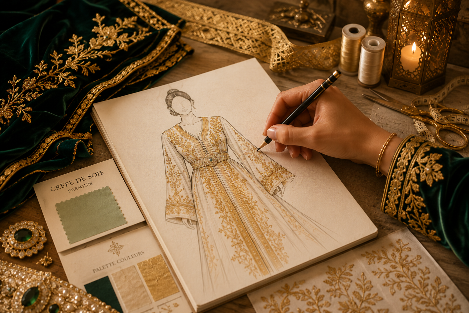 Croquis de mode d'un caftan marocain sur mesure avec échantillons de tissu en crêpe de soie vert et palette de couleurs or