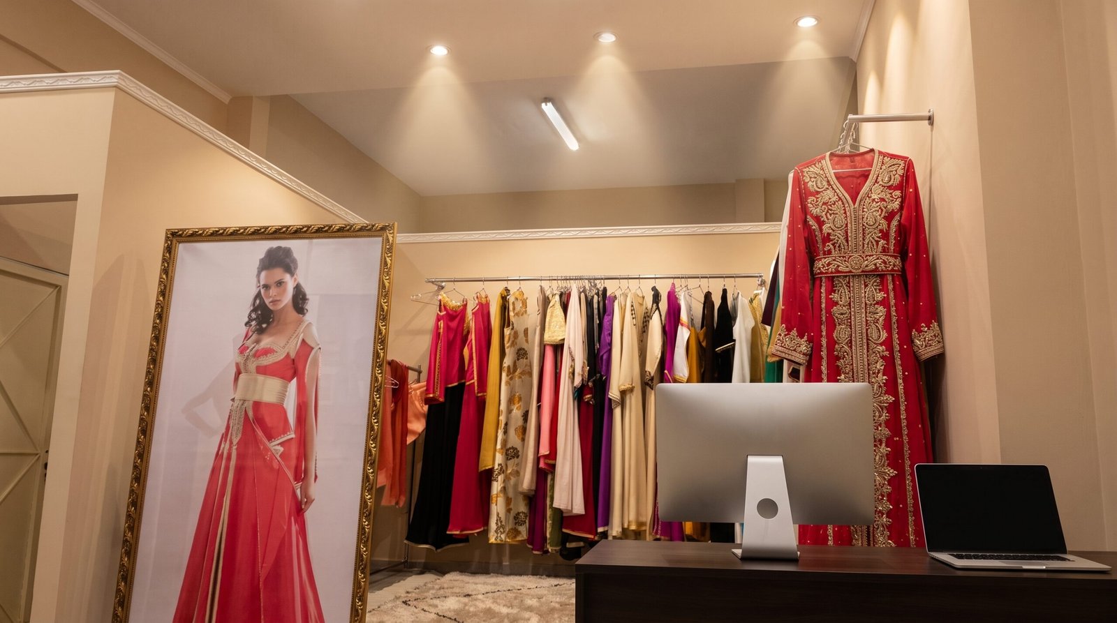 Intérieur de l’atelier-boutique de Caftan En Ligne avec portants de caftans et poste de travail