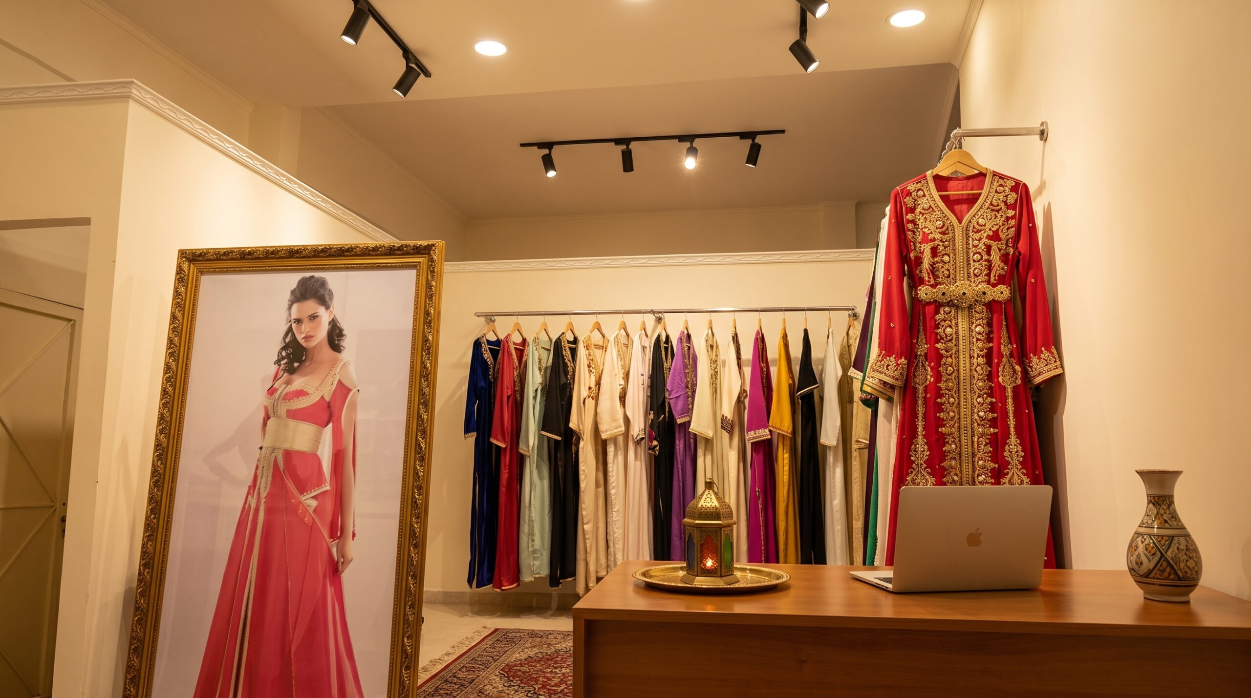 Portants de créations à l’atelier, du caftan à la takchita