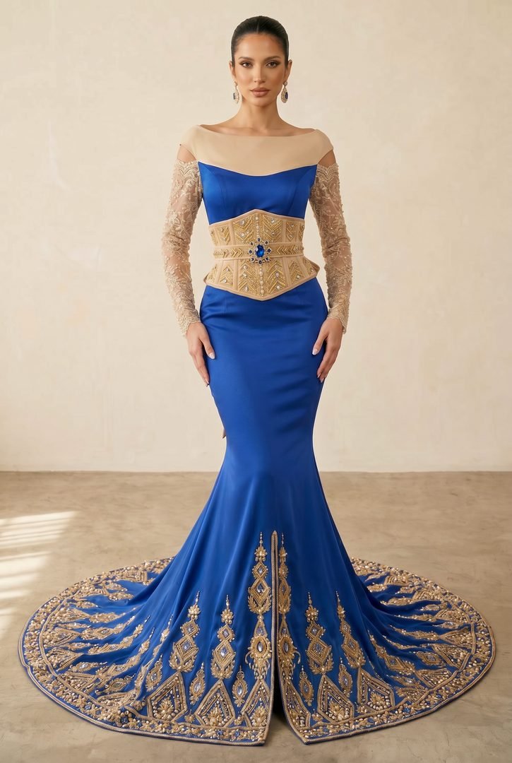 Robe sirène en satin bleu roi à corset doré et saphir, manches perlées et traîne brodée