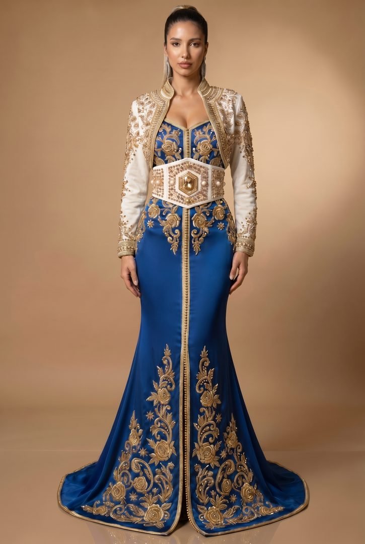 Takchita bleu Majorelle à boléro ivoire perlé d'or et ceinture mdamma, jupe brodée