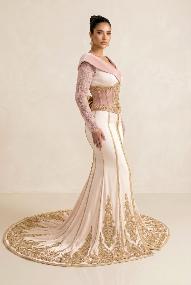 Caftan sirène blush à col portefeuille de velours rose et longue traîne dorée