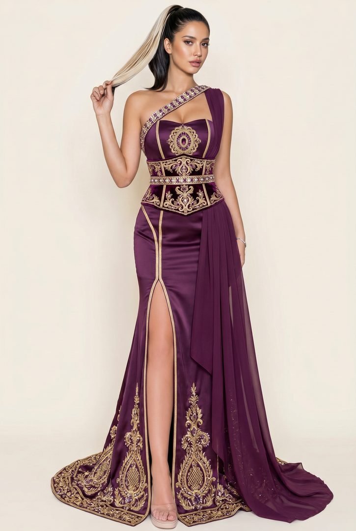 Robe sirène en satin aubergine à bustier serti asymétrique, drapé et traîne brodée d'or