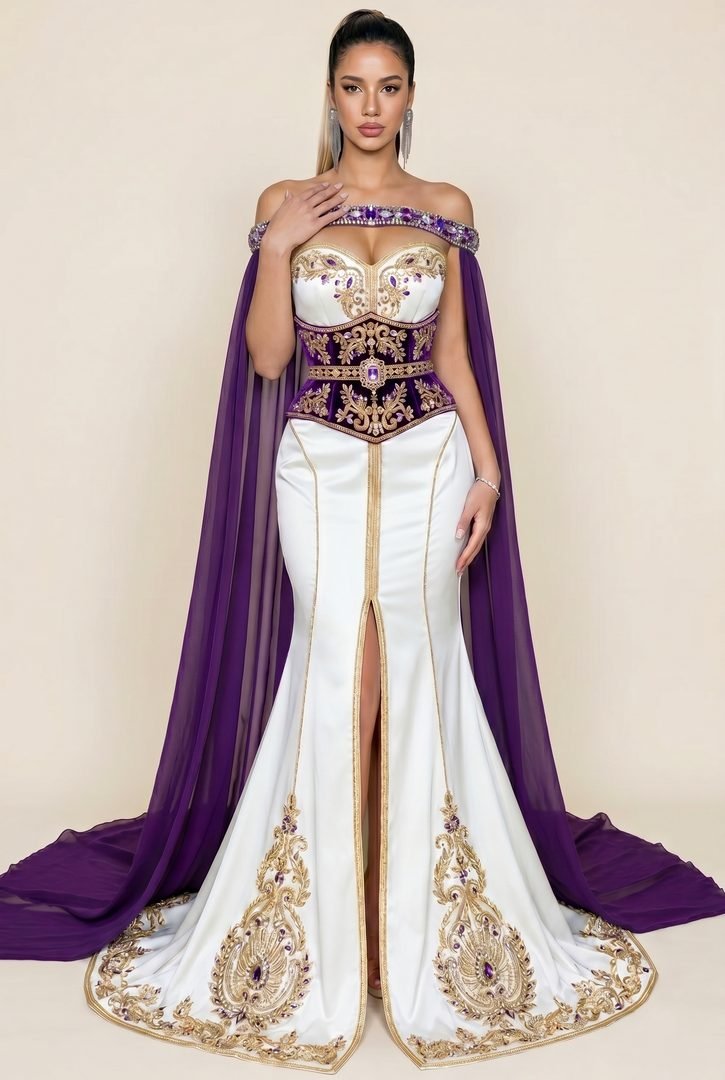 Robe sirène ivoire à cape pourpre et col d'améthyste, corset brodé d'or et longue traîne