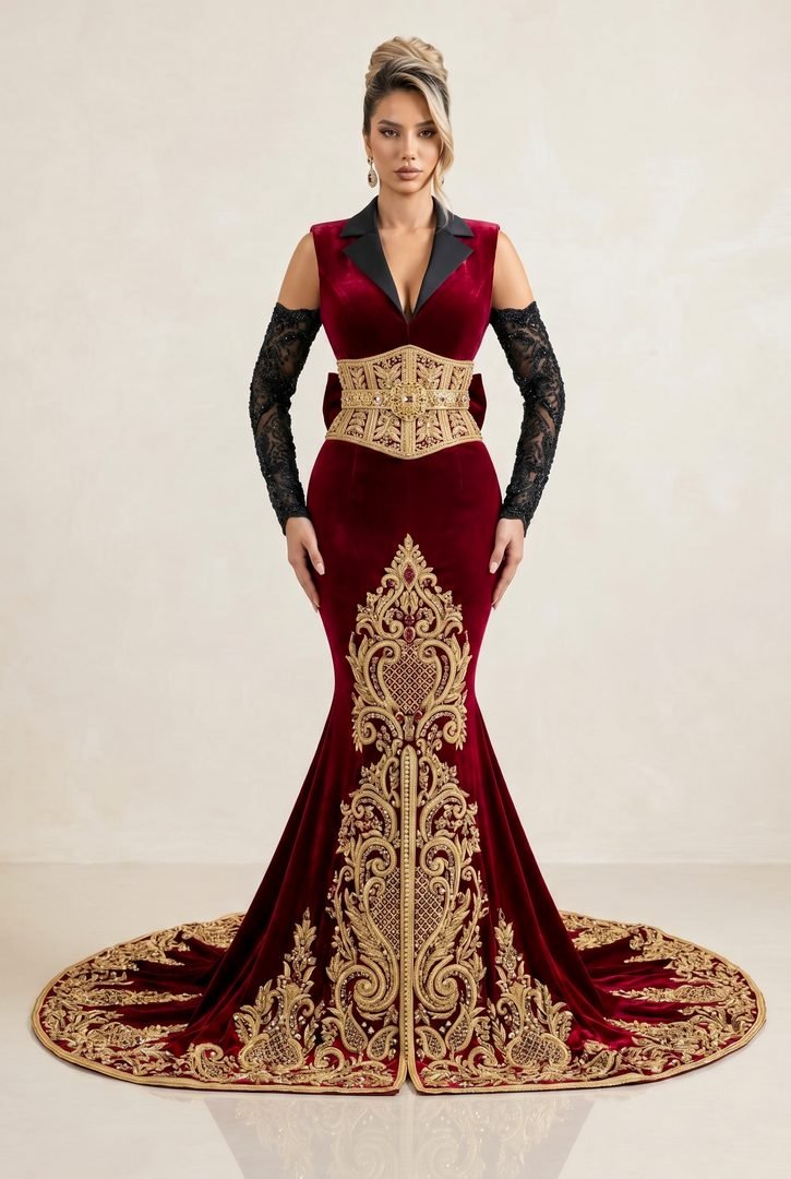 Robe sirène en velours bordeaux à corset doré baroque et gants de dentelle noire, longue traîne