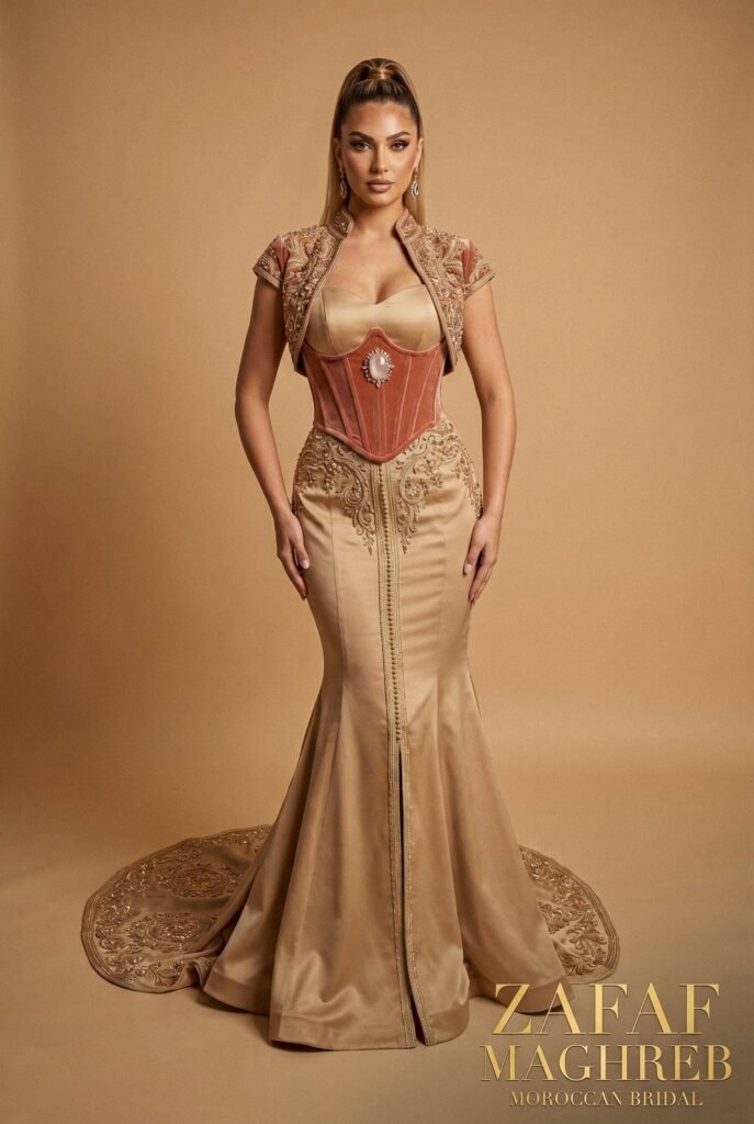 Caftan sirène en satin or pâle à corset de velours vieux rose brodé d'or, traîne brodée — pièce sur mesure Caftan En Ligne