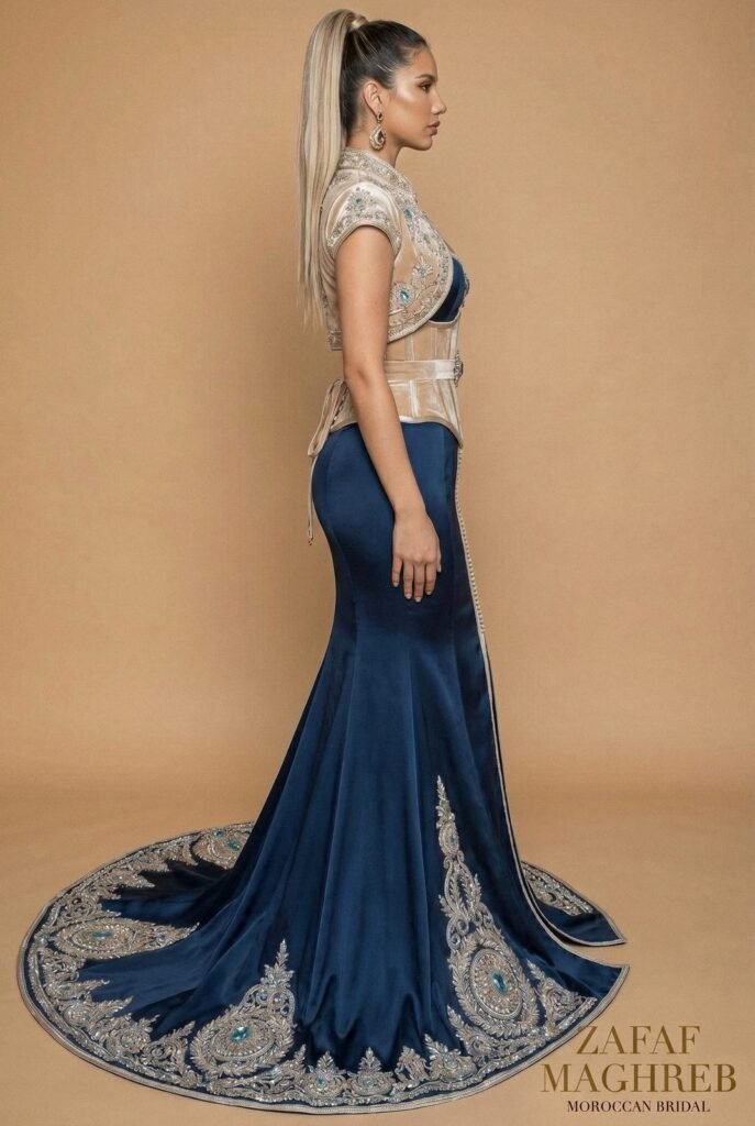 Caftan sirène en satin bleu nuit à boléro ivoire perlé et traîne brodée d'argent — pièce sur mesure Caftan En Ligne
