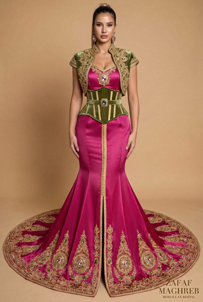 Takchita fuchsia à corset de velours olive brodé d'or et traîne à rosaces brodées — pièce sur mesure Caftan En Ligne