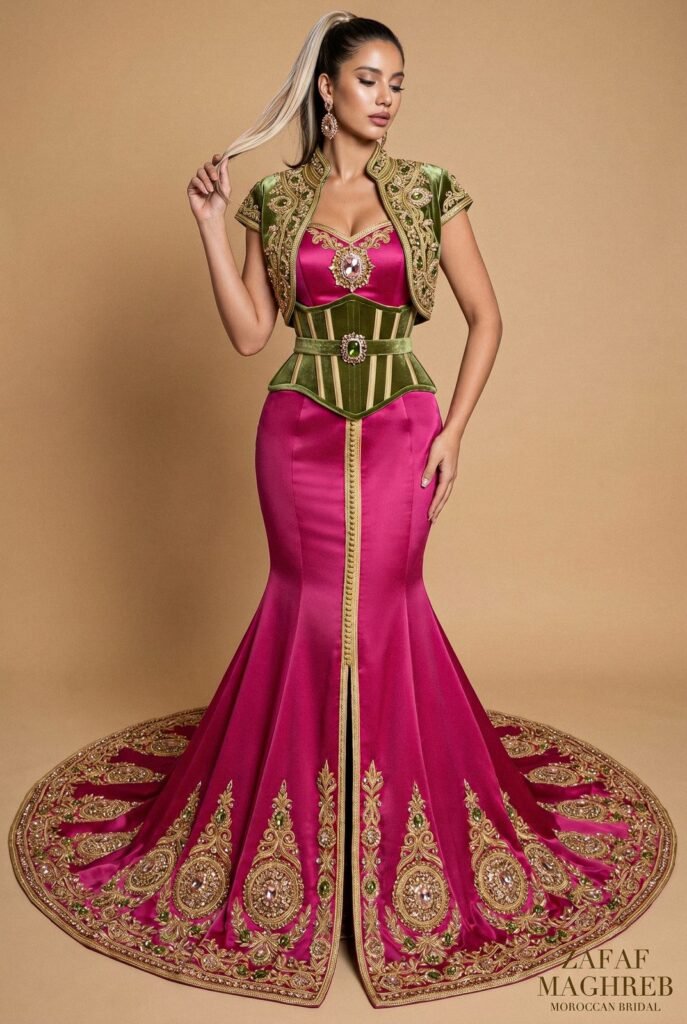 Broderie d'or à la main sur la traîne d'un caftan émeraude — sfifa et aakad
