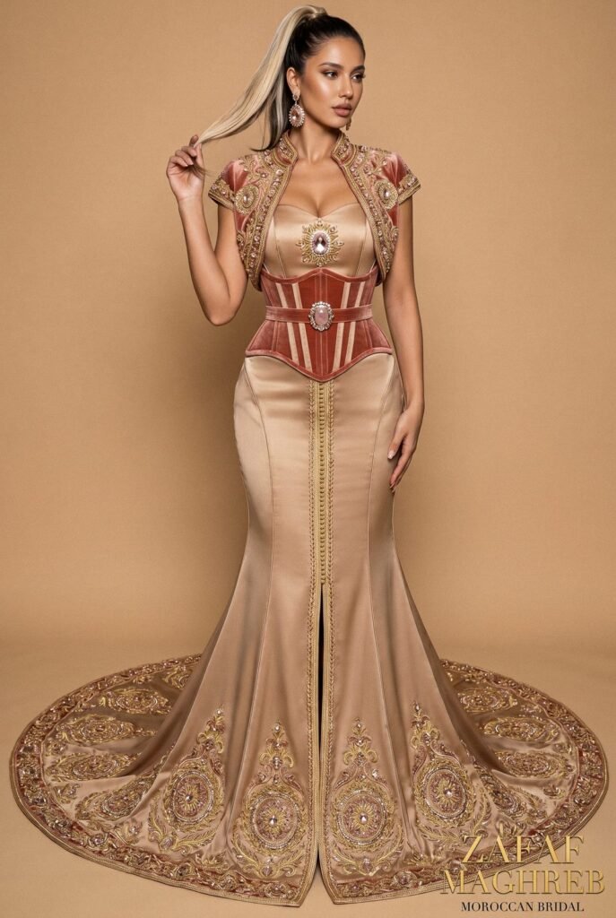 Caftan sirène champagne rosé à corset de velours corail et traîne à médaillons brodés d'or — pièce sur mesure Caftan En Ligne