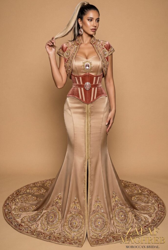 Broderie d'or à la main sur la traîne d'un caftan émeraude — sfifa et aakad