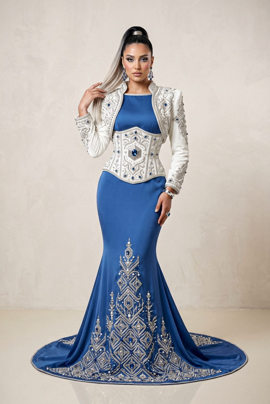 Caftan bleu roi haute couture de luxe, création marocaine sur-mesure