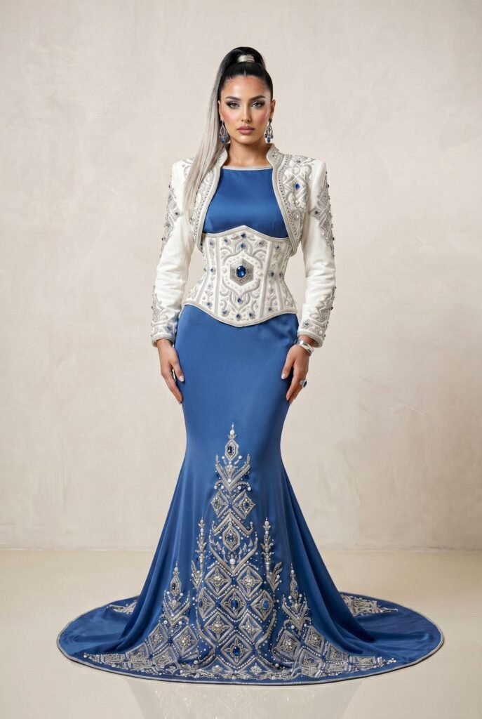 Broderie d'or à la main sur la traîne d'un caftan émeraude — sfifa et aakad