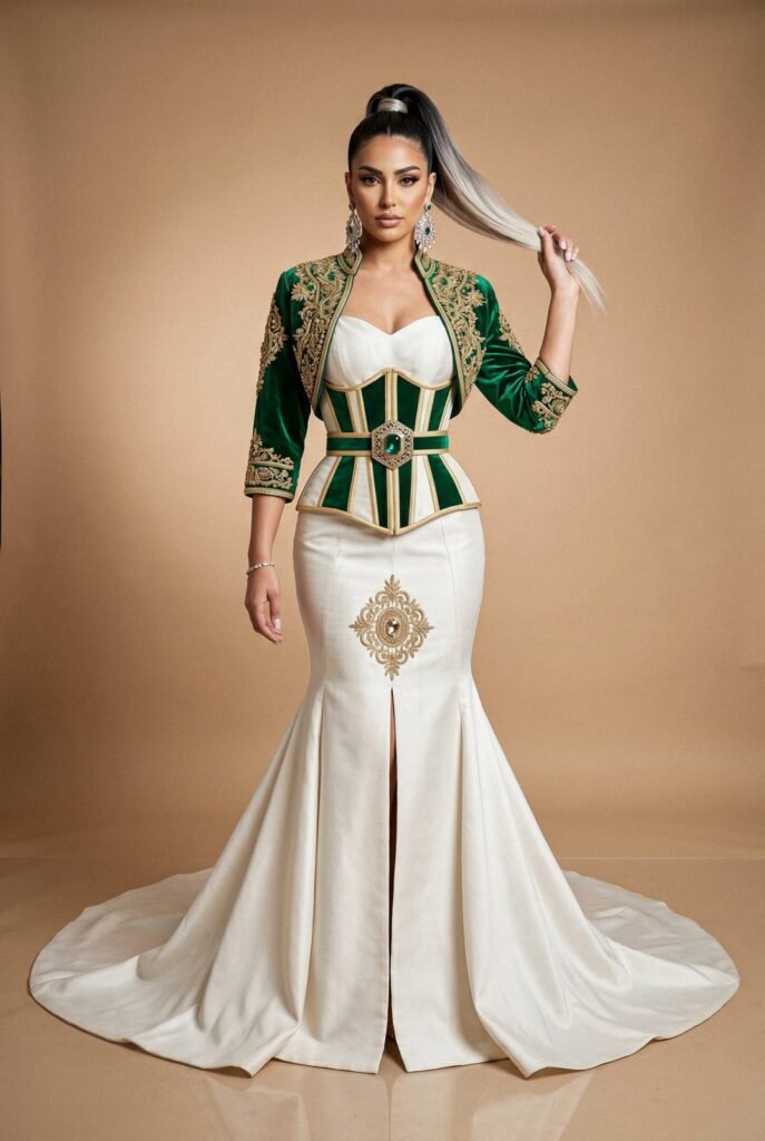 Takchita ivoire à boléro de velours vert émeraude brodé d'or et médaillon serti — pièce sur mesure Caftan En Ligne
