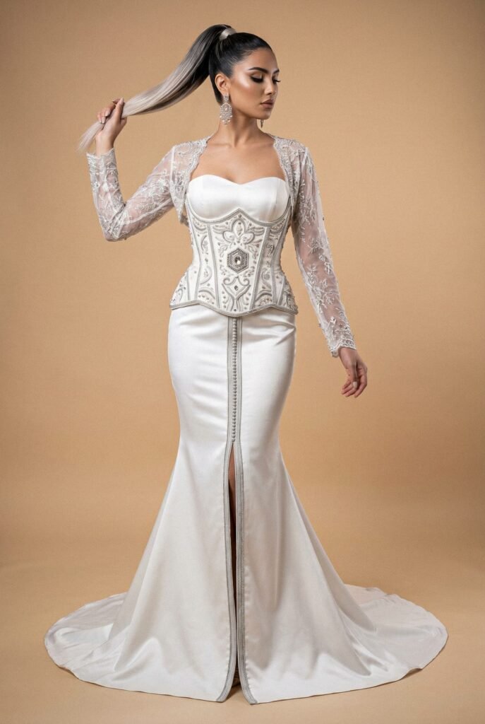Robe de mariée ivoire à corset brodé d'argent et boléro de dentelle perlée — pièce sur mesure Caftan En Ligne