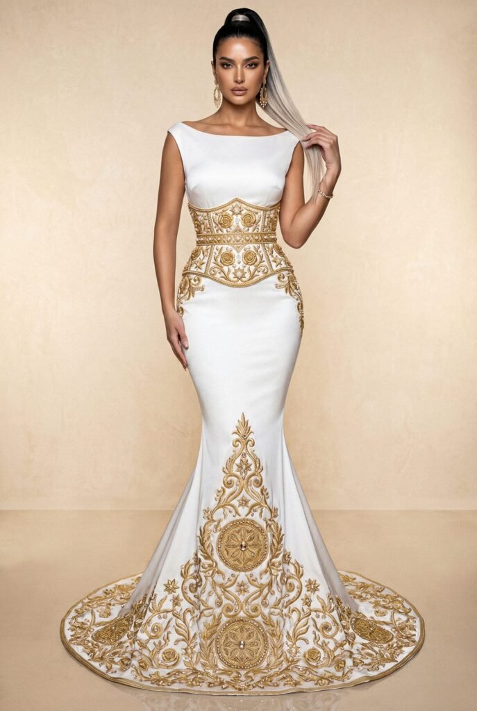 Robe de cérémonie ivoire à ceinture-corset et traîne entièrement brodées d'or — pièce sur mesure Caftan En Ligne