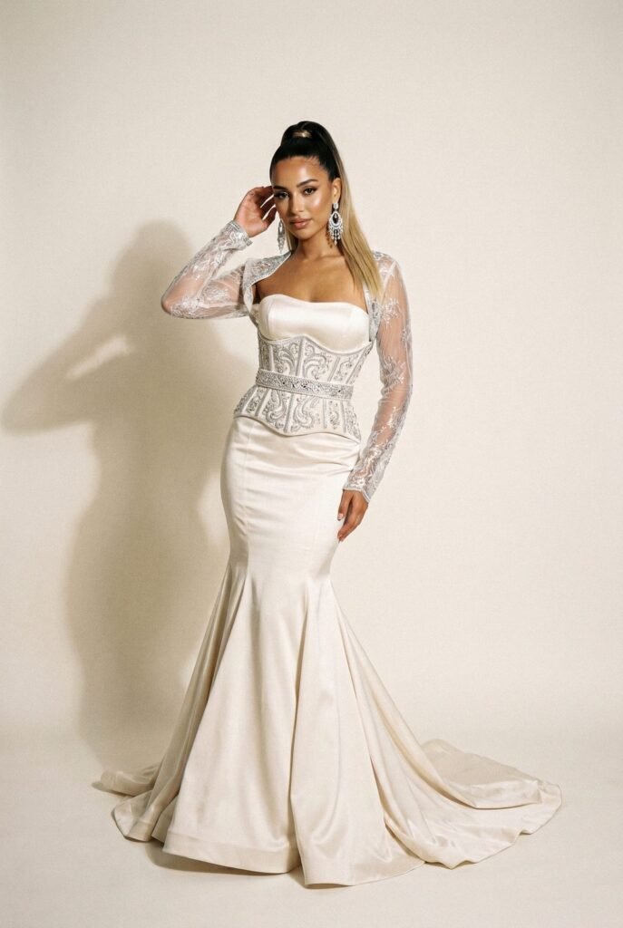 Robe de mariée champagne à corset brodé d'argent et boléro de dentelle — pièce sur mesure Caftan En Ligne
