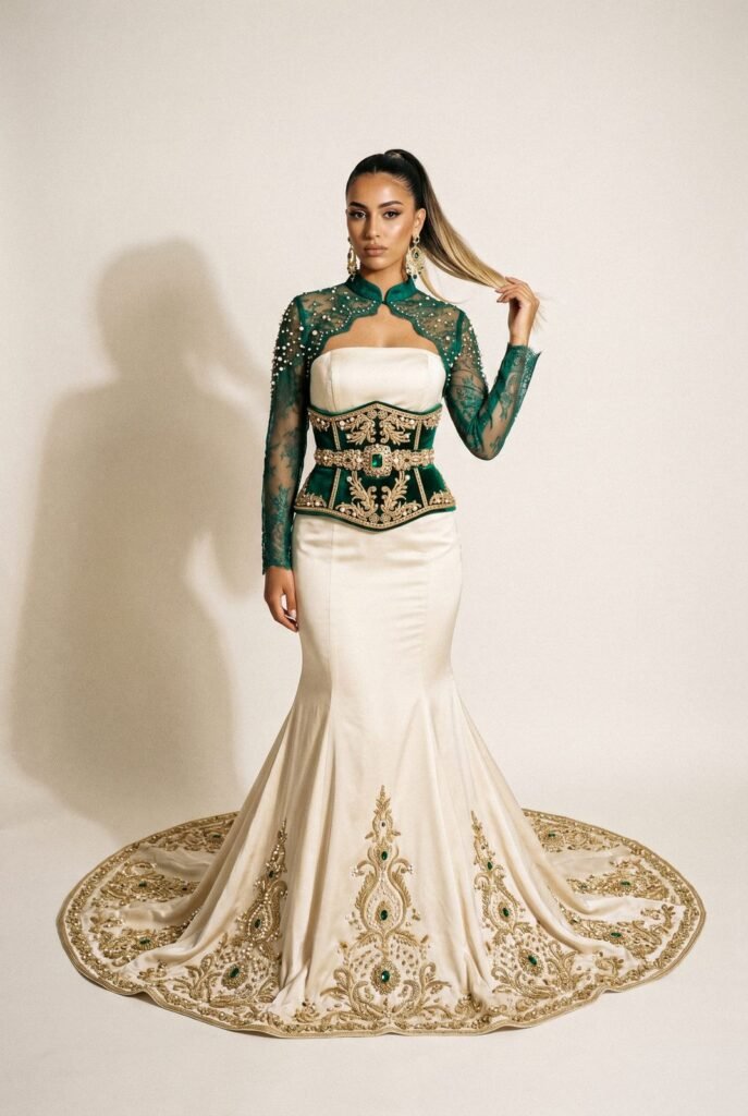 Caftan champagne à corset de velours vert émeraude et boléro de dentelle verte, traîne brodée d'or — pièce sur mesure Caftan En Ligne