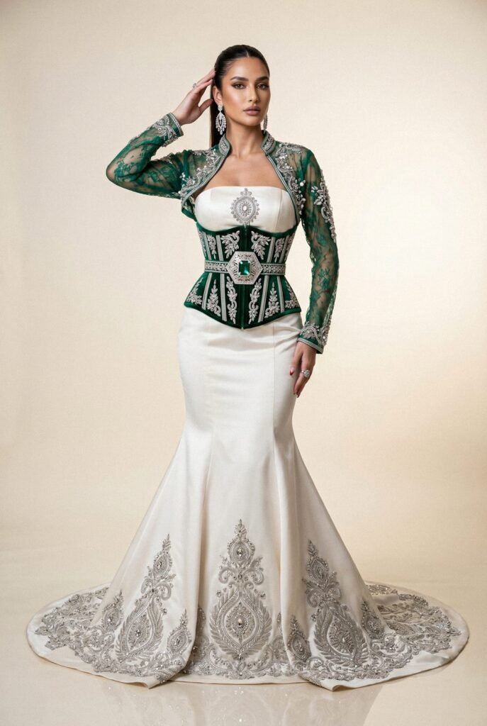 Takchita ivoire à corset de velours vert brodé d'argent et traîne aux motifs argentés — pièce sur mesure Caftan En Ligne