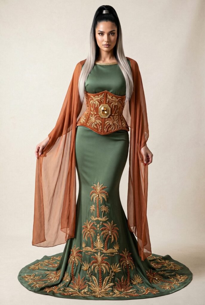 Caftan vert sauge à corset cognac brodé de palmes d'or et voile terracotta — pièce sur mesure Caftan En Ligne