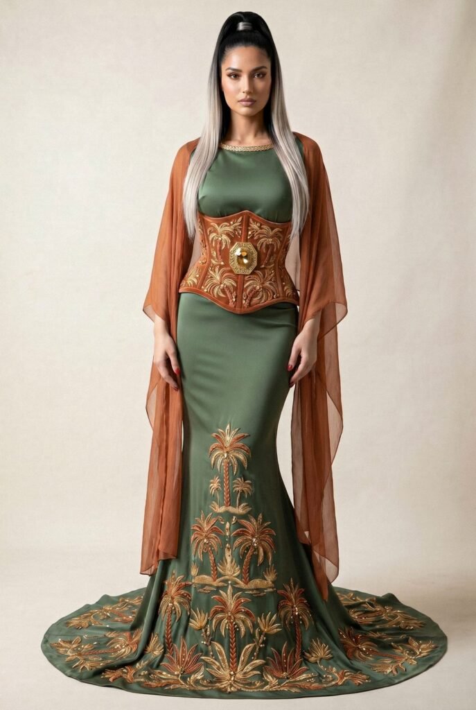 Broderie d'or à la main sur la traîne d'un caftan émeraude — sfifa et aakad