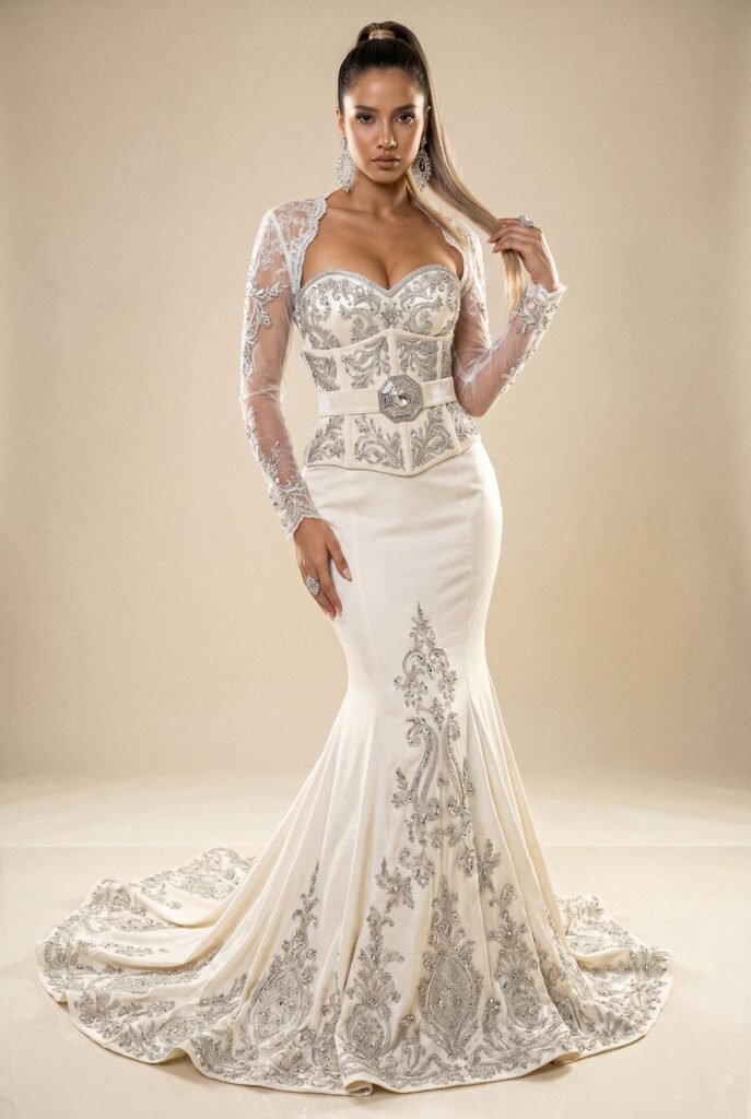 Robe de mariée ivoire à corset brodé d'argent et traîne constellée de cristaux — pièce sur mesure Caftan En Ligne