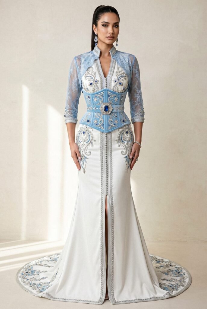 Takchita ivoire et bleu ciel à corset serti et dentelle azur, traîne brodée — pièce sur mesure Caftan En Ligne