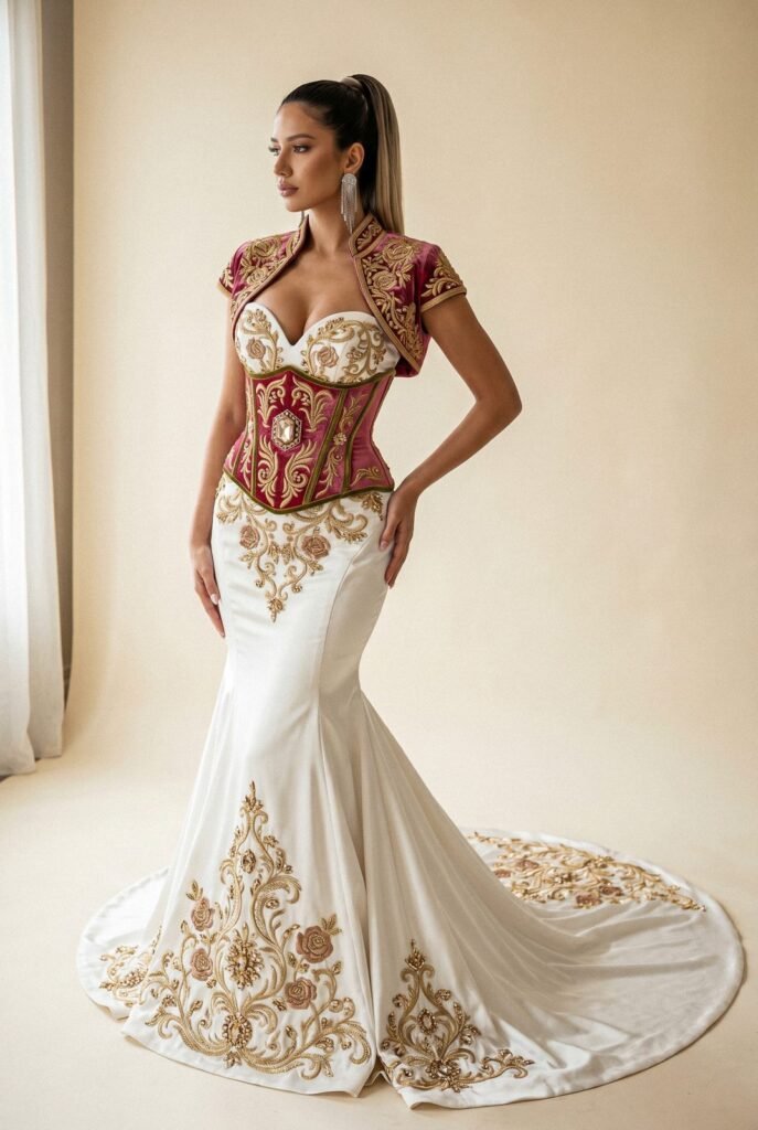 Caftan sirène ivoire à corset de velours framboise brodé d'or et traîne aux roses dorées — pièce sur mesure Caftan En Ligne